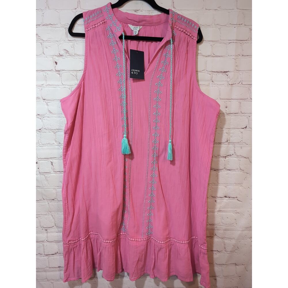 Crown Ivy Womens Dress Plus 2XL Pink Peasant Embroidered Cottagecore NWT
